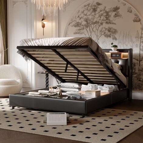 DANS LES NUAGES Letto matrimoniale contenitore 180x200 cm - con illuminazione LED - ricarica USB - divisori aperti - tasche laterali sul comodino - PU - spazio contenitivo - rete a doghe - Nero