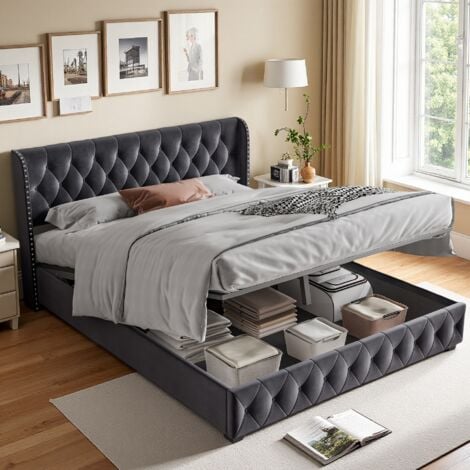 DANS LES NUAGES Letto matrimoniale contenitore 180x200 cm - con testiera con bottoni rivettati e rete a doghe - struttura in metallo - velluto - letto con imbottitura idraulica per adulti e ragazzi - Grigio