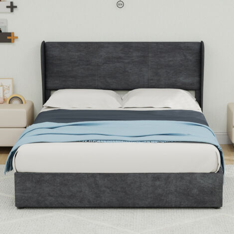 Letto matrimoniale Contenitore con pistoni Testiera morbida tessuto 140x200cm Camera Grigia (Senza materasso)