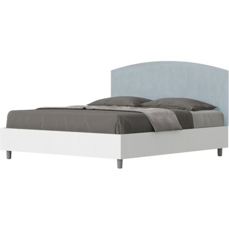 Letto matrimoniale e rete 160x190 in legno bianco e testata in microfibra azzurro Antilia