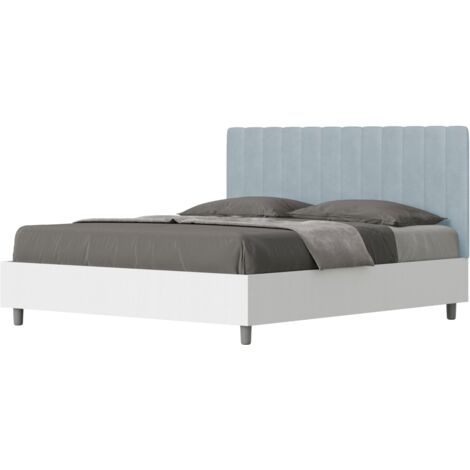Letto matrimoniale e rete 160x190 in legno bianco e testata in microfibra azzurro Kaia