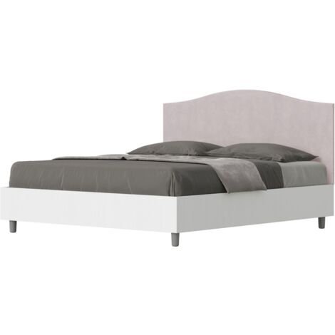Letto matrimoniale e rete 160x190 in legno bianco e testata in microfibra glicine Grace