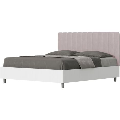 Letto matrimoniale e rete 160x190 in legno bianco e testata in microfibra glicine Kaia