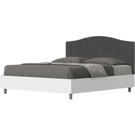 Letto matrimoniale e rete 160x190 in legno bianco e testata in microfibra grigio Grace