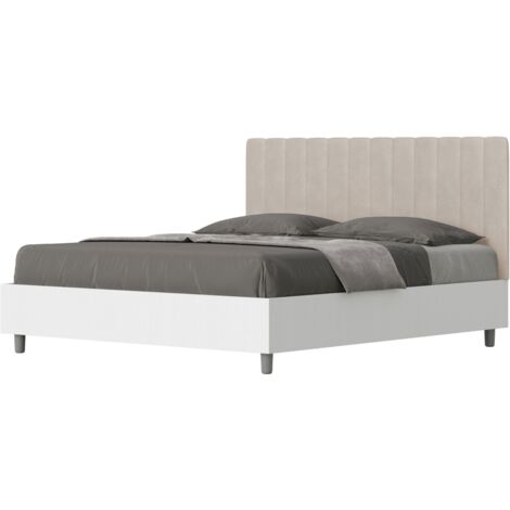 Letto matrimoniale e rete 160x190 in legno bianco e testata in microfibra sabbia Kaia