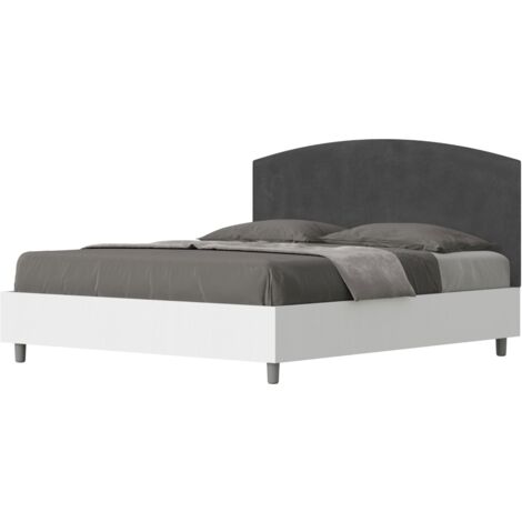 Letto matrimoniale e rete 160x200 in legno bianco e testata in microfibra grigio Antilia