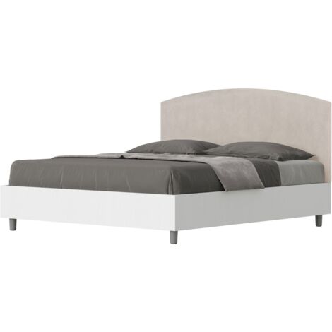 Letto matrimoniale e rete 160x200 in legno bianco e testata in microfibra sabbia Antilia