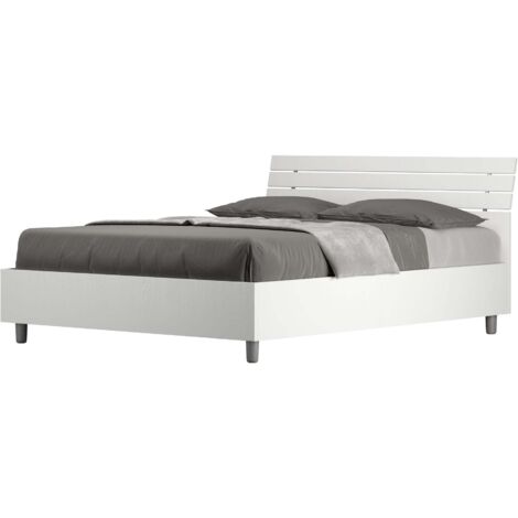 Letto Matrimoniale Francese 140x190 cm con Rete e Contenitore Ankel Testata Doghe Inclinata Bianco Frassino