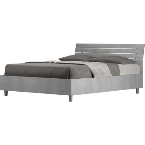 Letto Matrimoniale Francese 140x190 cm con Rete e Contenitore Ankel Testata Doghe Inclinata Cemento