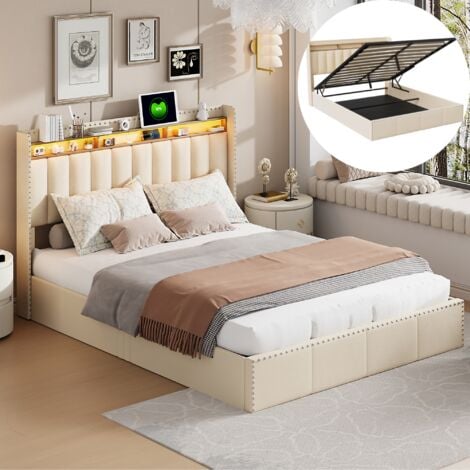 TANANT Letto matrimoniale imbottito 160x200 cm, in lino, con illuminazione LED, contenitore idraulico con ricarica USB e Type-C, rete a doghe, rivestimento con rivetti, letto imbottito per adulti, Beige