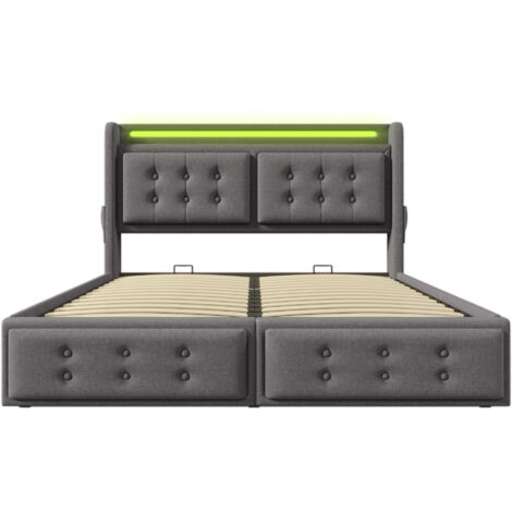 Letto matrimoniale imbottito 140x200 con testata a LED e caricatore USB C, grigio (senza materasso)