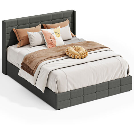 Letto Matrimoniale Imbottito 160 x 200 cm Bealife con Contenitore Idraulico e Testiera Doghe in Legno e Struttura in Metallo Grigio Scuro