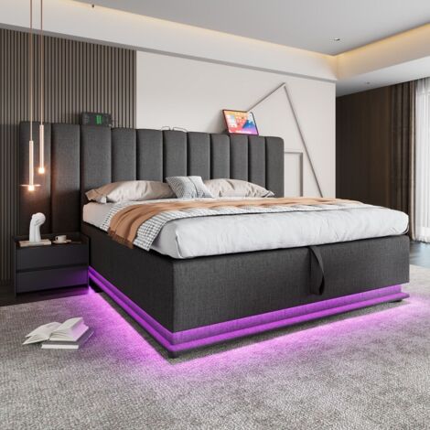 Letto matrimoniale imbottito 160 x 200 con controllo app LED e ricarica USB-C, grigio, senza testata