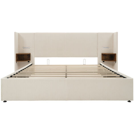 Letto matrimoniale imbottito 160 x 200 con luce di lettura e caricatore USB Type-C, beige, tessuto a coste.
