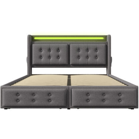 Letto matrimoniale imbottito 180x200 con testata a LED e caricatore USB C + 4 cassetti, grigio ，senza materasso
