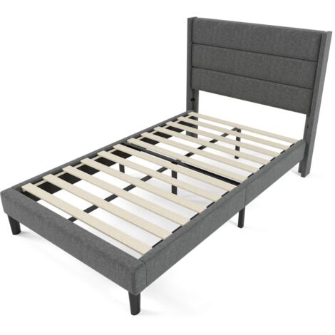 Letto matrimoniale imbottito 90 x 200 cm con rete a doghe e testiera, copriletto in lino grigio