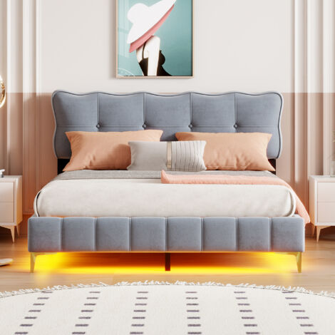 Letto matrimoniale imbottito, con illuminazione LED, schienale, in velluto - 160x200 cm, grigio