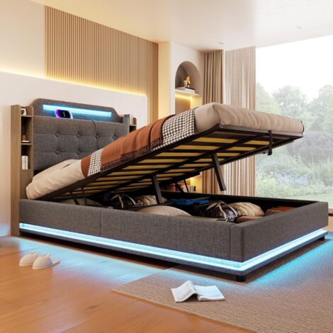 Letto Matrimoniale Imbottito con LED 140x200 cm, Letto Contenitore con Alzata Idraulica, Scomparti di Archiviazione e Porte USB e Type C