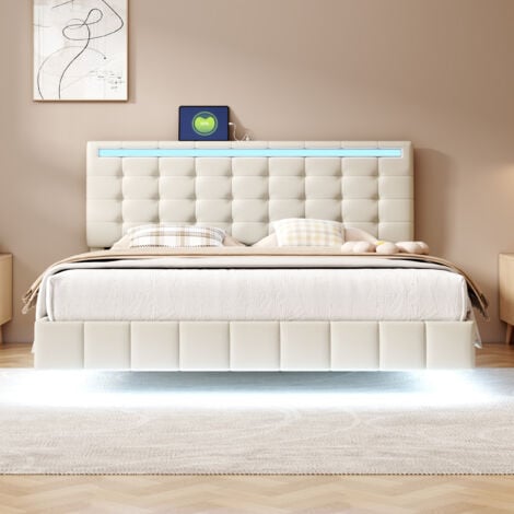 Letto matrimoniale imbottito, con luci LED e testiera, lino - 160x200cm, beige (materasso non incluso)