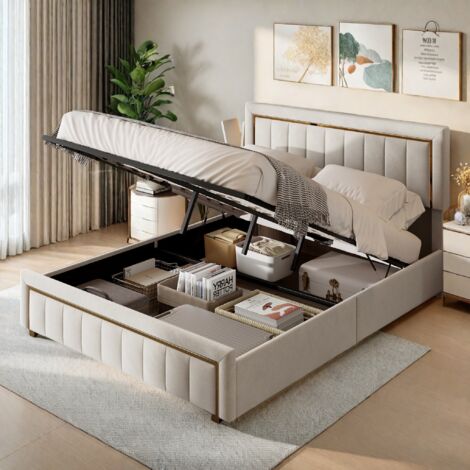 Letto matrimoniale imbottito con sistema di stoccaggio idraulico, moderno letto contenitore, tessuto in velluto bianco/nero, 140 x 200 cm/160 x 200 cm, senza materasso