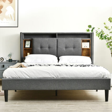 Letto Matrimoniale Imbottito con Testiera Contenitore, LED, Materasso Incluso, Grigio - 160 x 200 cm, modello di bottoni