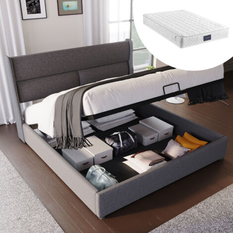 Letto matrimoniale imbottito con testiera regolabile, letti con contenitore, giroletto in materiale di lino, letto per ragazzi 140x200 con rete a doghe (con materasso) OKWISH