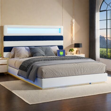 Letto matrimoniale imbottito, esclusiva struttura sospesa a LED con porta di ricarica USB, testiera dal design geometrico moderno, 140 x 190 cm, 160 x 200 cm, letto matrimoniale, velluto, senza matera