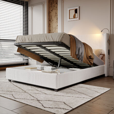 Letto matrimoniale imbottito, moderno letto contenitore idraulico con 2 lampade da lettura, velluto, 140200cm, senza materasso