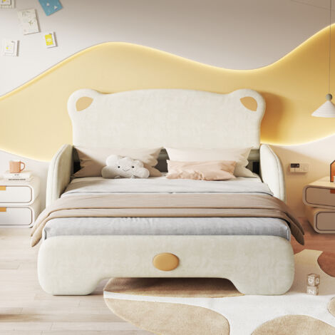 Letto matrimoniale imbottito per bambini con letto estraibile 140 x 110/200 cm, testiera a forma di orso e base in legno. beige