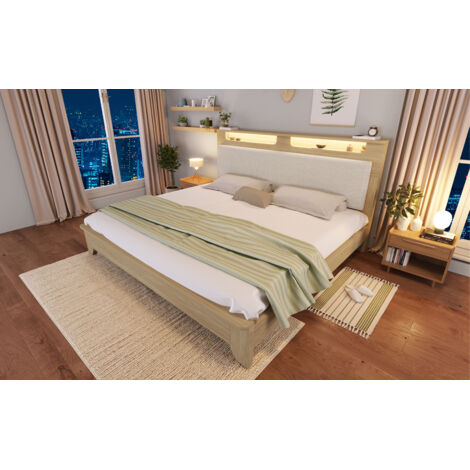 Letto matrimoniale in legno e corduroy beige 160x200 cm con testiera contenitore, LED e materasso incluso