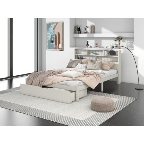 Letto matrimoniale in legno massello con cassetti e rete a doghe, libreria per bambini per ragazzi e adulti, 140x200 cm bianco