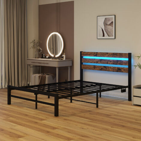Letto matrimoniale in metallo e MDF marrone antico 120x200 cm con testiera, LED RGB, USB e spazio sottoletto