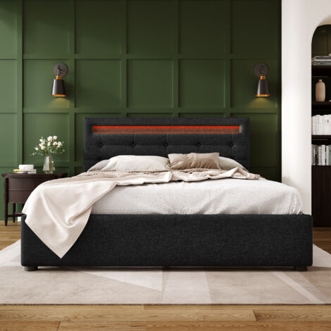 Letto matrimoniale in tessuto di lino nero 140x200 cm con materasso incluso, LED, 4 cassetti e testiera regolabile