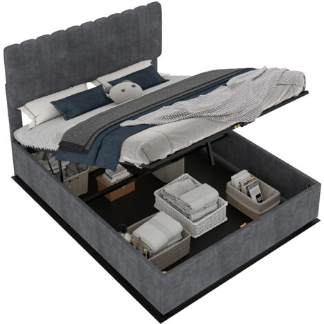 Letto matrimoniale in tessuto e metallo grigio 160x200 cm con testiera imbottita