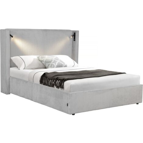 Letto matrimoniale in velluto a coste con cassettiera integrata e lampada "Cortina" - 140 x 190 cm - Grigio