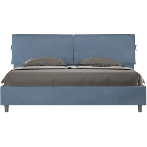 Letto Matrimoniale King Size 200x210 cm con Rete e Contenitore Testata con Cuscini Imbottito in Microfibra Mados Blu