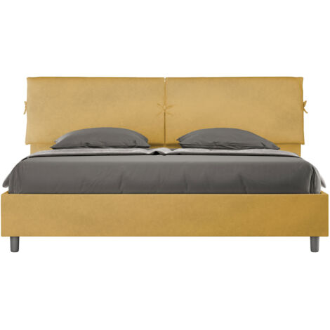 Letto Matrimoniale King Size 200x210 cm con Rete e Contenitore Testata con Cuscini Imbottito in Microfibra Mados Ocra