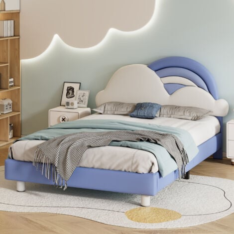 REDOM Letto matrimoniale, lettino per bambini, letto per ragazzi, letto imbottito con comoda testiera a nuvola arcobaleno, rete a doghe in legno, PU, blu, 140 x 200 cm