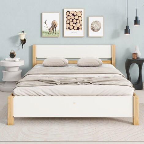 Letto matrimoniale, letto in legno, struttura in pino con gamba centrale, letto per ragazzi, letto per adulti, con testiera e pediera in MDF, bianco + naturale, 140x200 cm