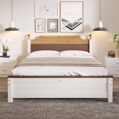 Letto matrimoniale, letto in legno, struttura in pino con gamba centrale, letto per ragazzi, letto per adulti, con testiera e pediera in MDF, color blocking, bianco, 140x200 cm