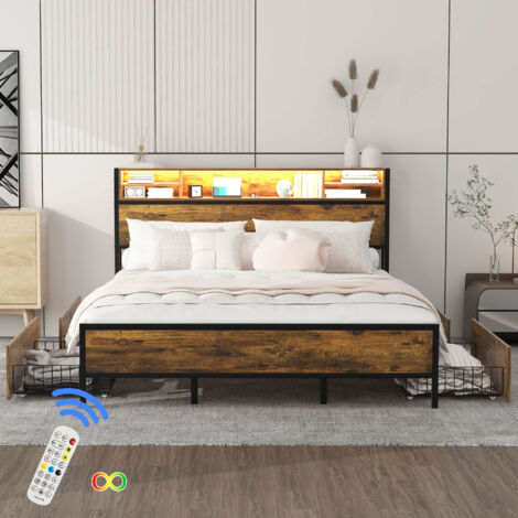 WISHDOR Letto matrimoniale Letto per bambini 180 x 200 cm con LED, porta di ricarica USB, 4 cassetti - marrone