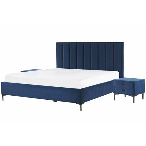 Letto Matrimoniale Moderno e 2 Comodini in Velluto Blu Sezanne - Blu