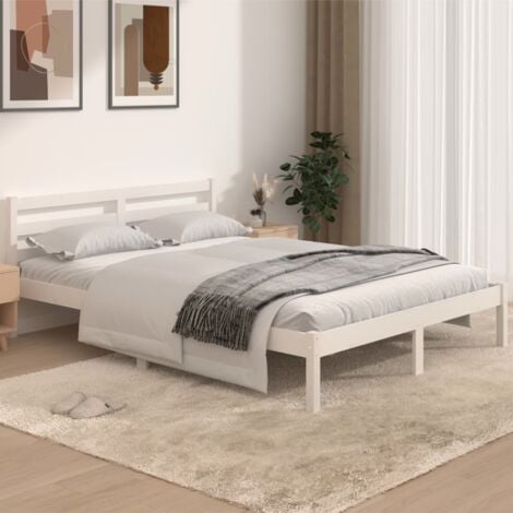 Letto matrimoniale Moderno ,Giroletto in Legno Massello di Pino 140x190 cm Bianco ITD53972