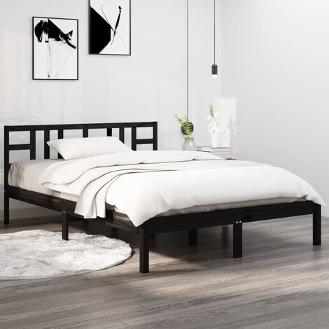 Letto Matrimoniale Moderno Struttura Letto Giroletto Nero in Legno Massello  di Pino 140x200 cm ITD60892