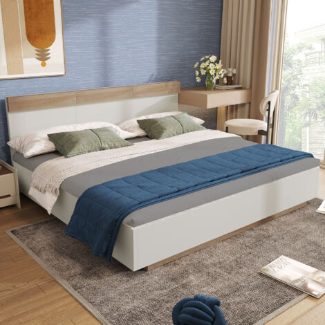 Letto matrimoniale per adulti, giroletto e rete a doghe, in legno, bianco - 180x200 cm