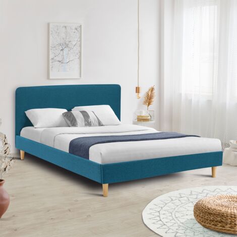 Letto matrimoniale scandinavo BALTA 140 x 190 CM tessuto blu anatra
