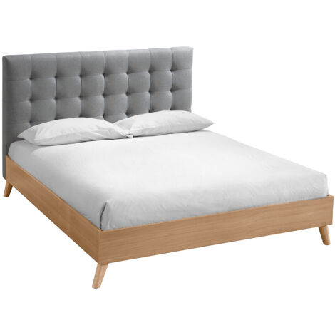 Letto matrimoniale scandinavo legno e tessuto grigio 160 x 200cm LYNN