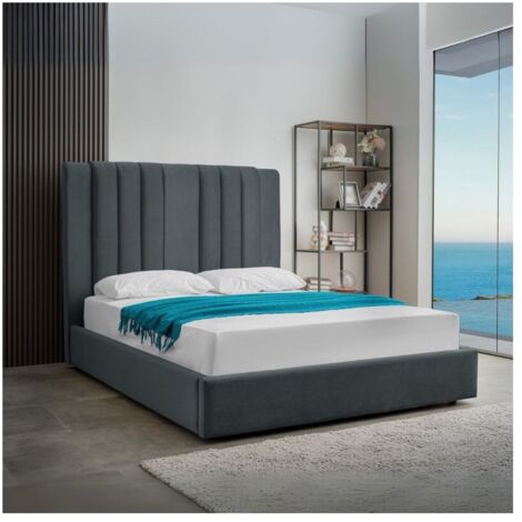 Letto matrimoniale Wilma imbottito con contenitore in tessuto Vogue colore blu pacific