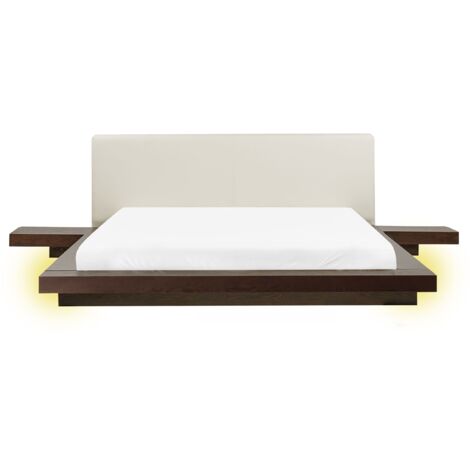 Letto moderno a LED con piattaforma comodini testata in ecopelle MDF legno di frassino scuro 160 x 200 cm Zen