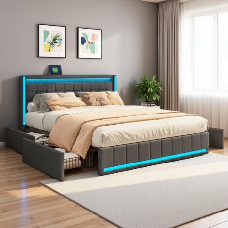 Letto moderno imbottito a LED, struttura letto contenitore con 4 cassetti e porte di ricarica USB, 140 x 200 cm, tessuto di lino, per ragazzi, bambini, adulti, grigio, senza materasso